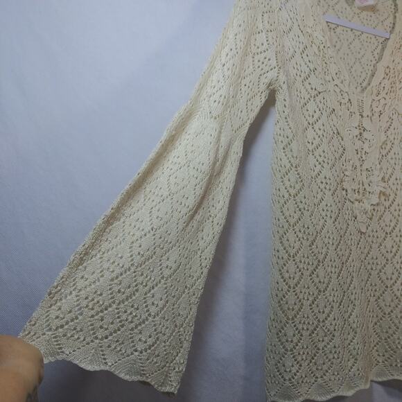 Flying Tomato Cream Open Knit Bell Sleeve Sweater Cottagecore Size Small - Picture 4 of 5